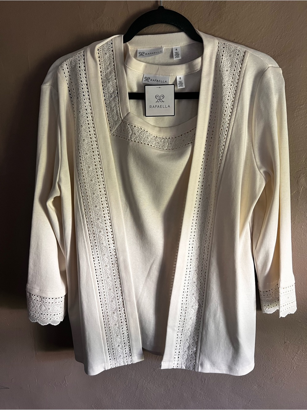 Rafaella Cream Eyelet-Trim Knit Top Set